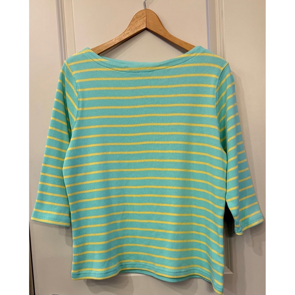 LL Bean Women's Green/Yellow Striped 100% Cotton Boatneck 3/4 Sleeve Top Size 1X